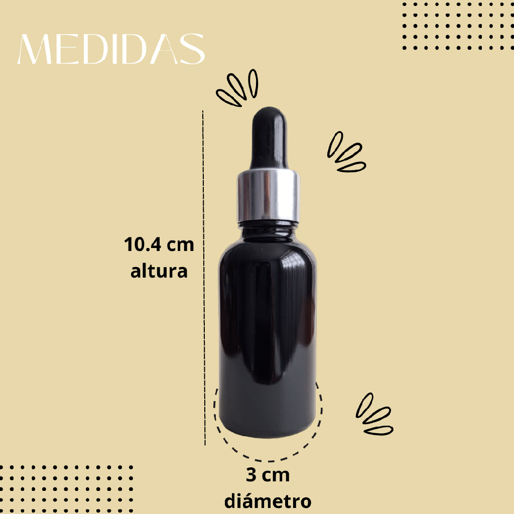 10 Botellas Gotero Pipeta Vidrio 30ml negro con tapa plateada y embudo azul