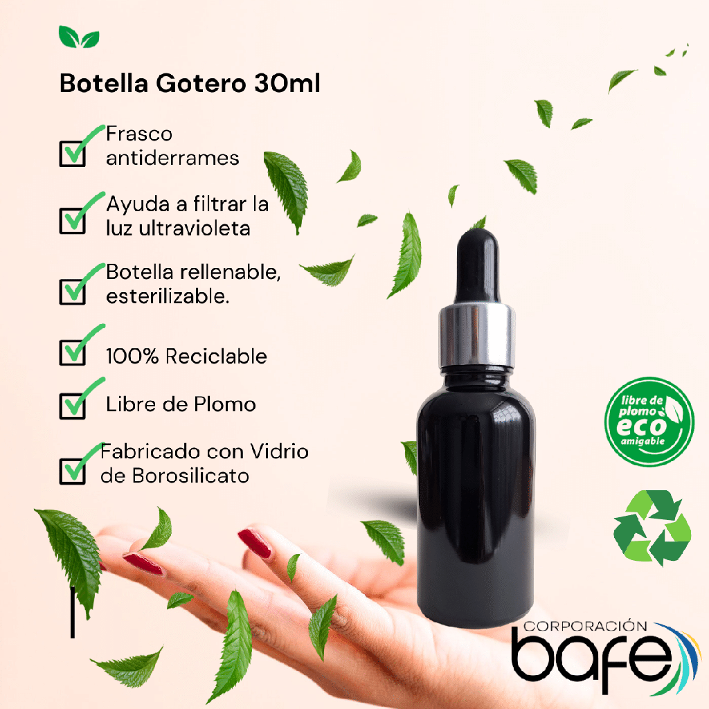 10 Botellas Gotero Pipeta Vidrio 30ml negro con tapa plateada y embudo azul