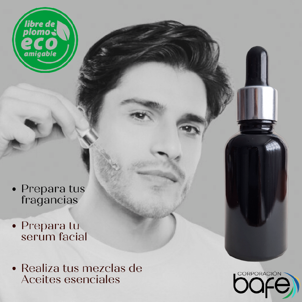 10 Botellas Gotero Pipeta Vidrio 30ml negro con tapa plateada y embudo azul