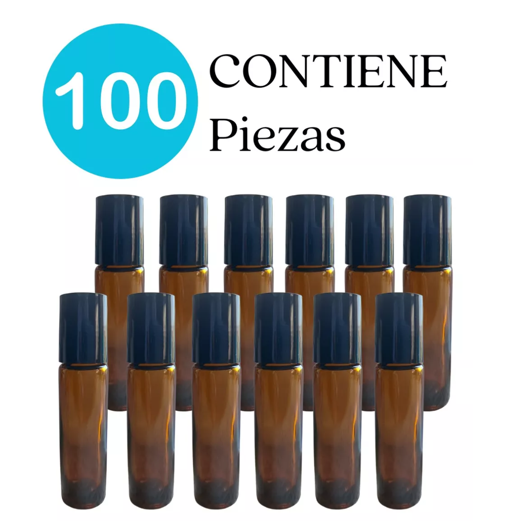 Frasco Roll On Con Canica Metálica Vidrio Ámbar 100 Piezas con Destapador y Mini Embudo de Regalo  (Embudo Azul- Destapador Amarillo)